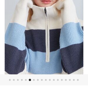 OAK + FORT Blue and Cream Striped Half-Zip Sweater